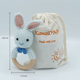 KawaiOnO Handmade Cotton Crochet Rattler: Blue Bunny with Bow